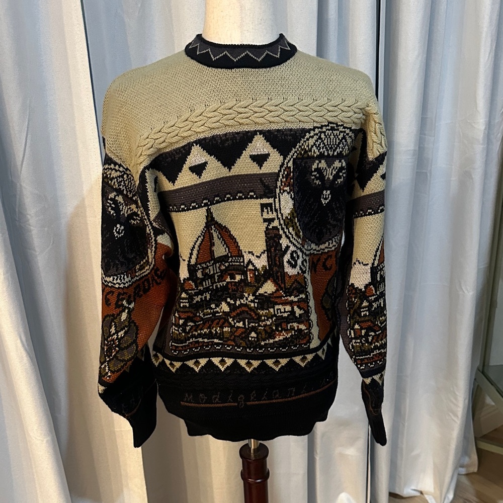 Rare Modigliani Italy Men's Beige and Black Graphic Crewneck Wool Sweater. Med